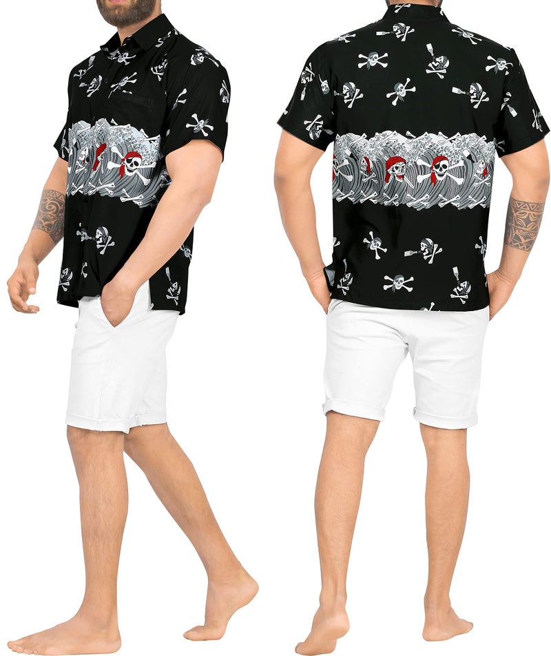 LA LEELA Men's Halloween Hawaiian Short Sleeve Button Up Beach Caribbean Shirt Fashion Pirate Cruise Shirts for Men L Skull Crossbones Black - Image 4